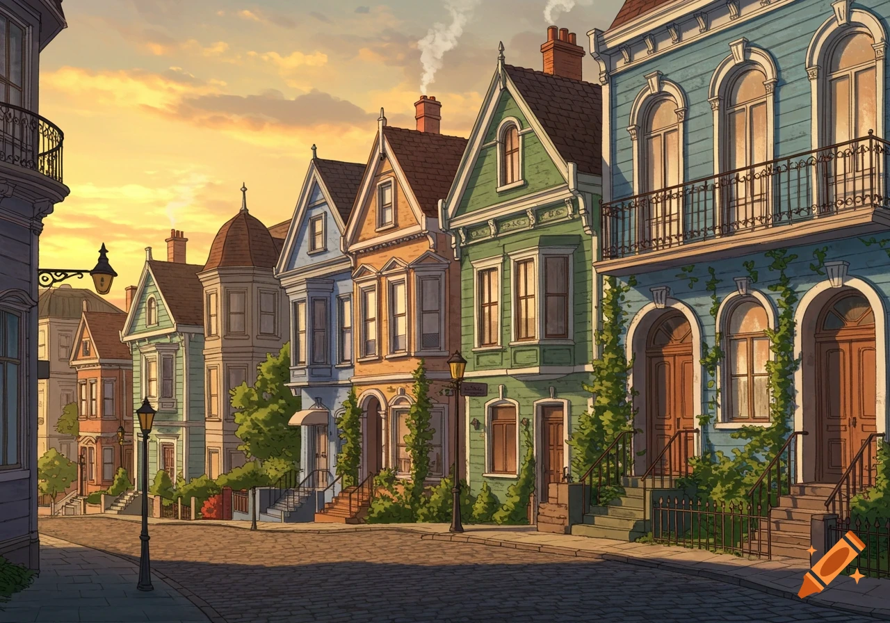 Illustration of colorful Victorian row houses lining a cobblestone street at sunset, with intricate architectural details.