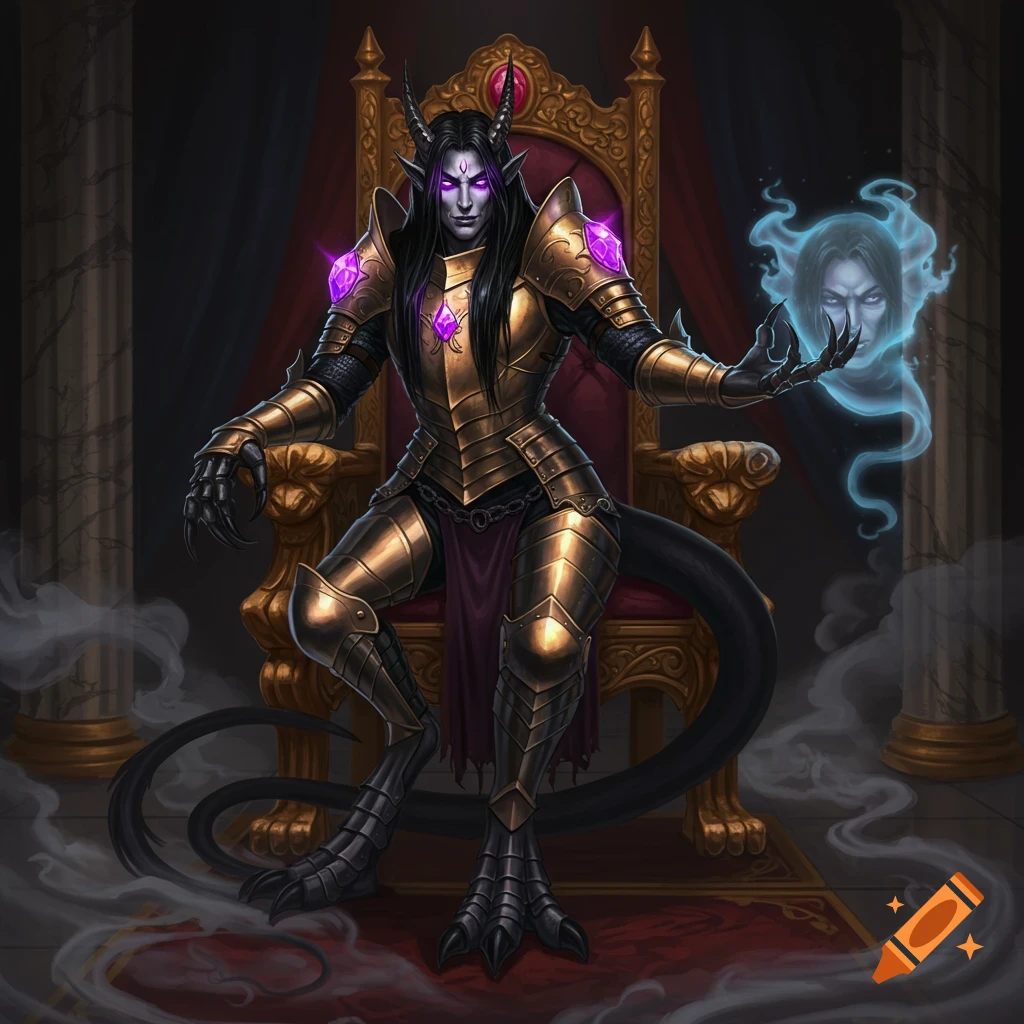 A dark fantasy monster in golden armor sits on a throne, holding a glowing ethereal head.