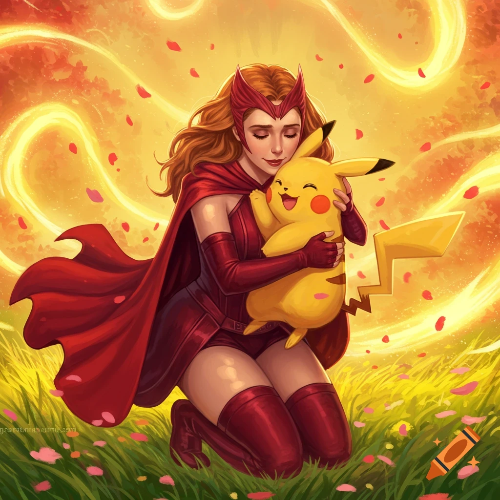 Scarlet Witch, in her red costume, kneels in a grassy field, lovingly hugging a smiling Pikachu amidst glowing golden light and pink petals. Digital art.