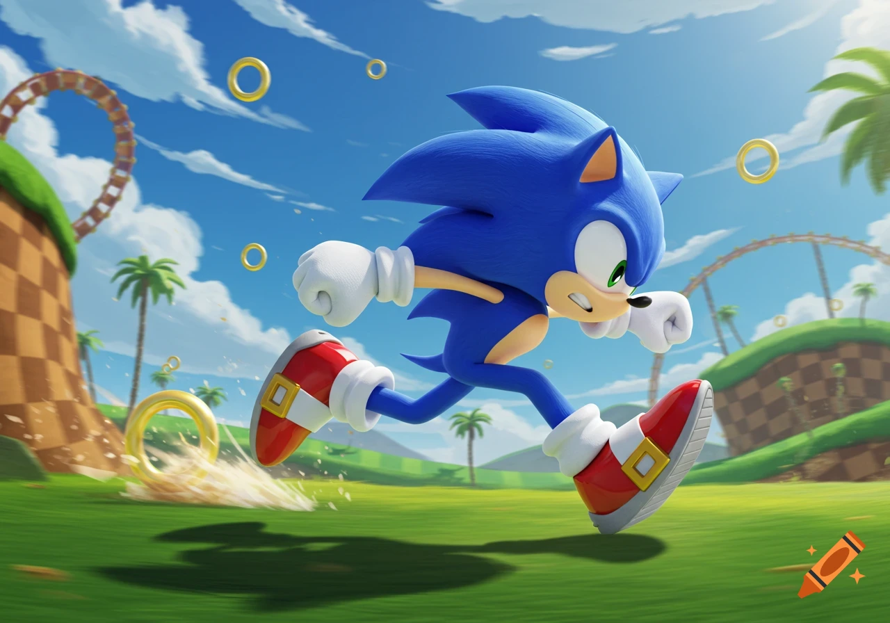 Sonic the Hedgehog speeds through a vibrant Green Hill Zone, golden rings and palm trees in the background, under a blue sky.