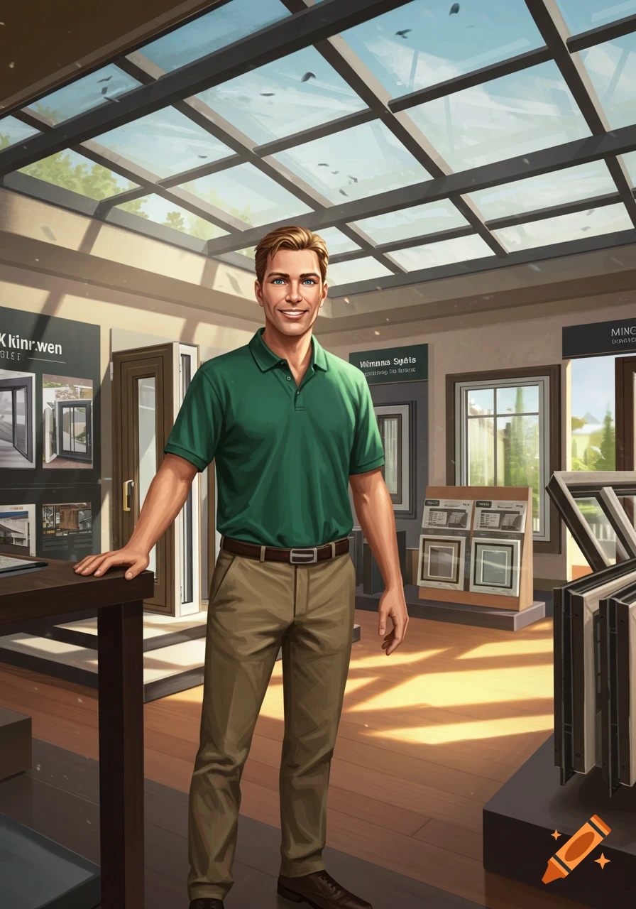 A smiling man in a green polo shirt and khaki pants stands in a window showroom, leaning on a table.