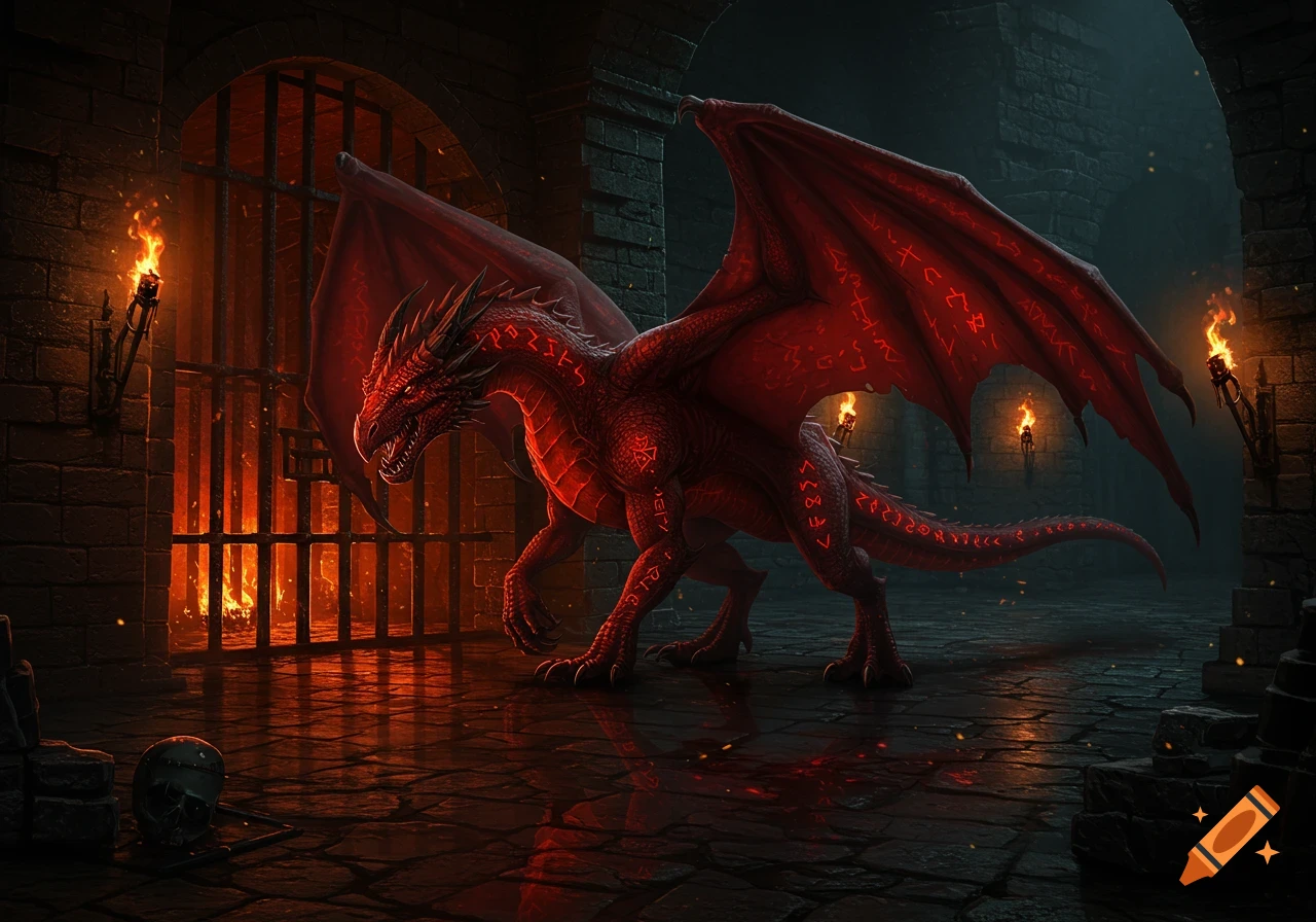 A majestic red dragon with glowing runic symbols walks through a dark, torch-lit stone prison.