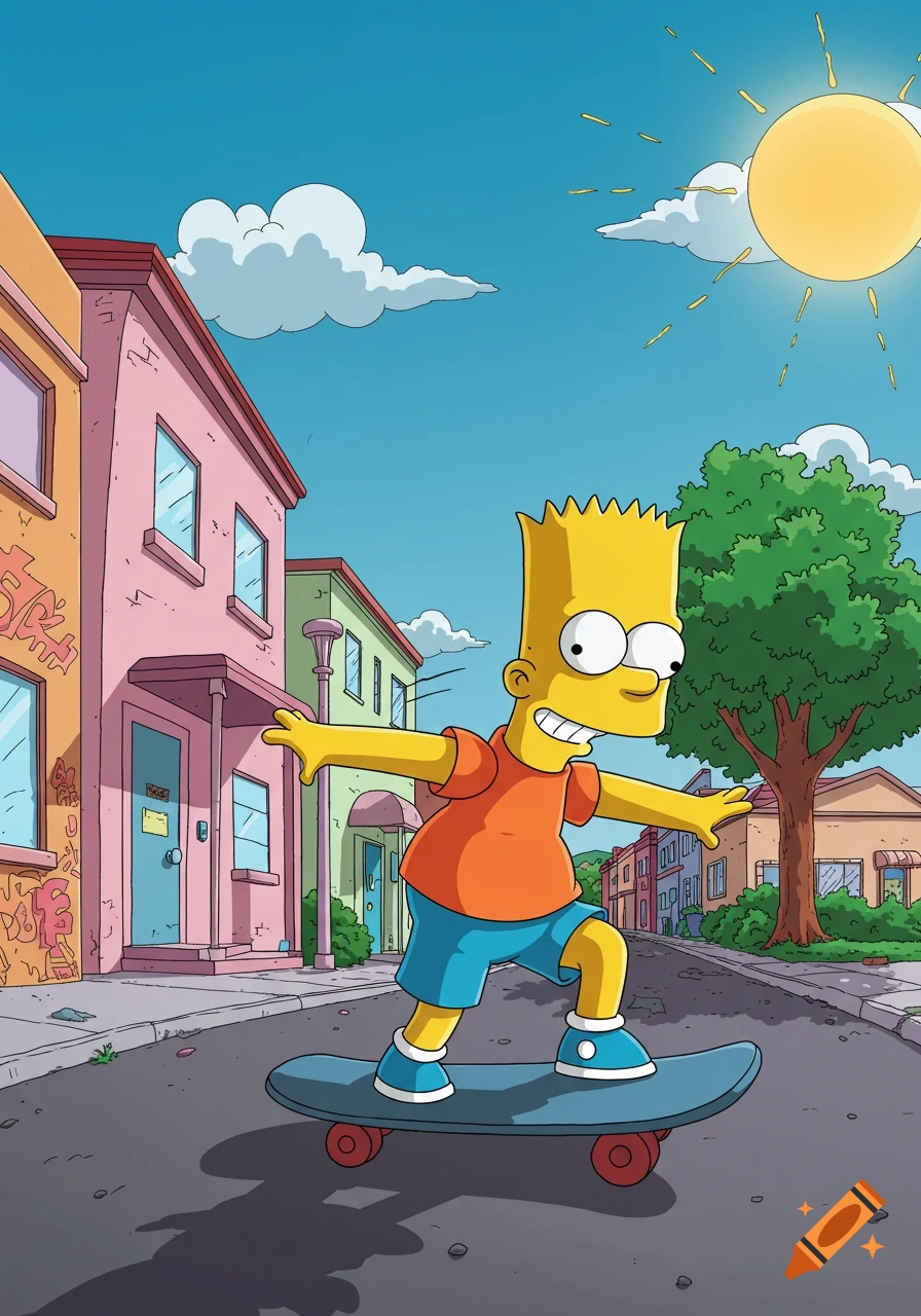 Bart Simpson skateboards down a street in a cartoon style, with colorful houses and a tree in the background under a blue sky and bright sun.
