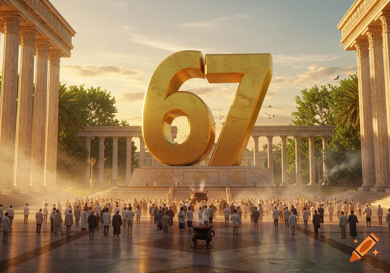 People gather in a grand classical temple square, bowing before a giant golden statue of the numbers 67 under a dramatic sky.