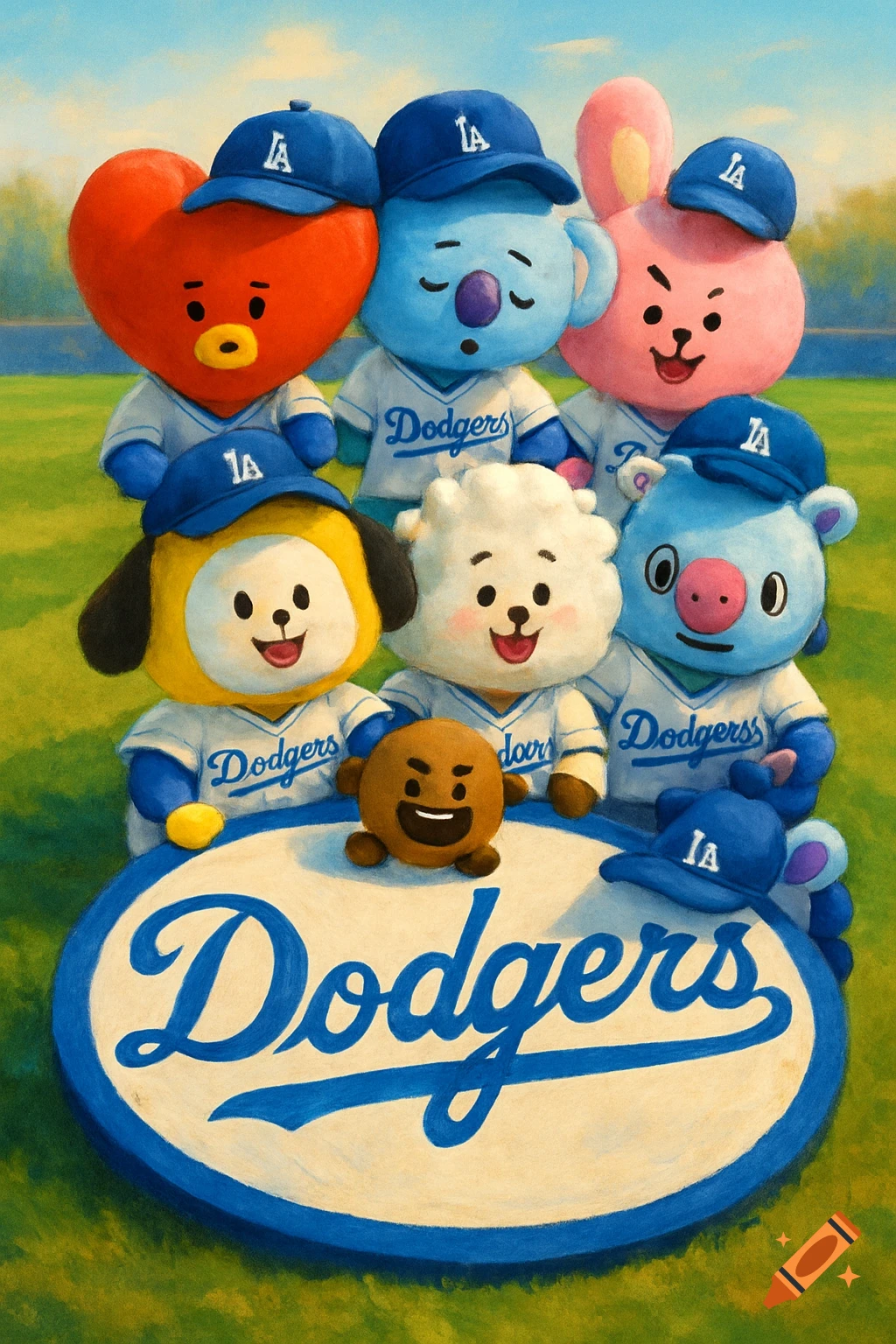 BT21 characters in Dodgers baseball jerseys peeking over a large Dodgers logo on a green field, in a painted style.