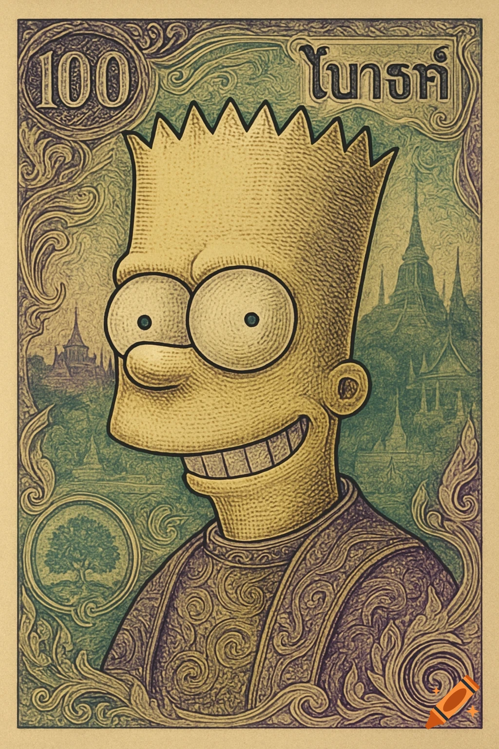 Bart Simpson's head on a vintage-style Thai banknote with temples and ornate borders.