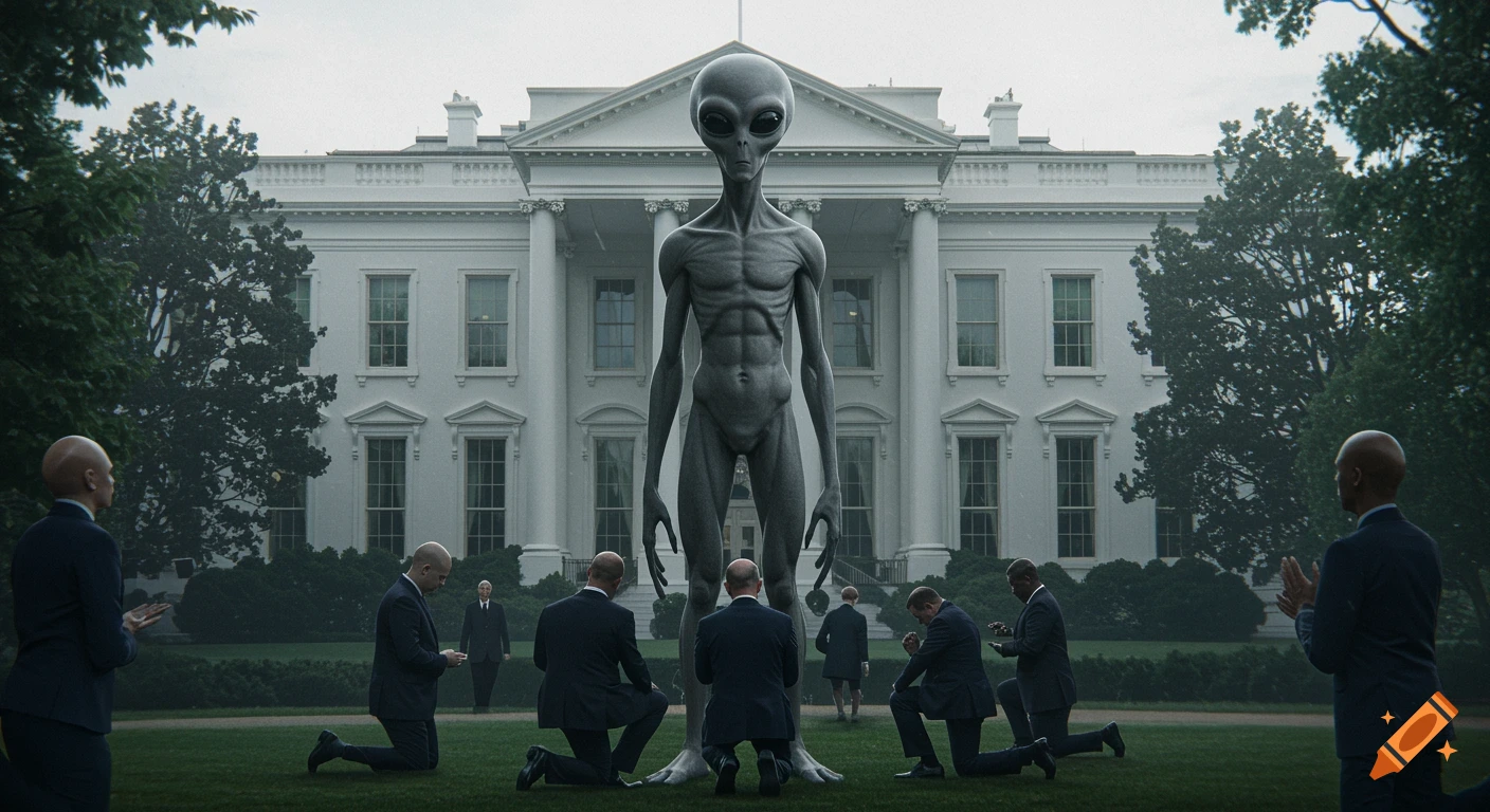 A large gray alien stands in front of the White House as bald men in suits kneel before it on the lawn in a cinematic style.