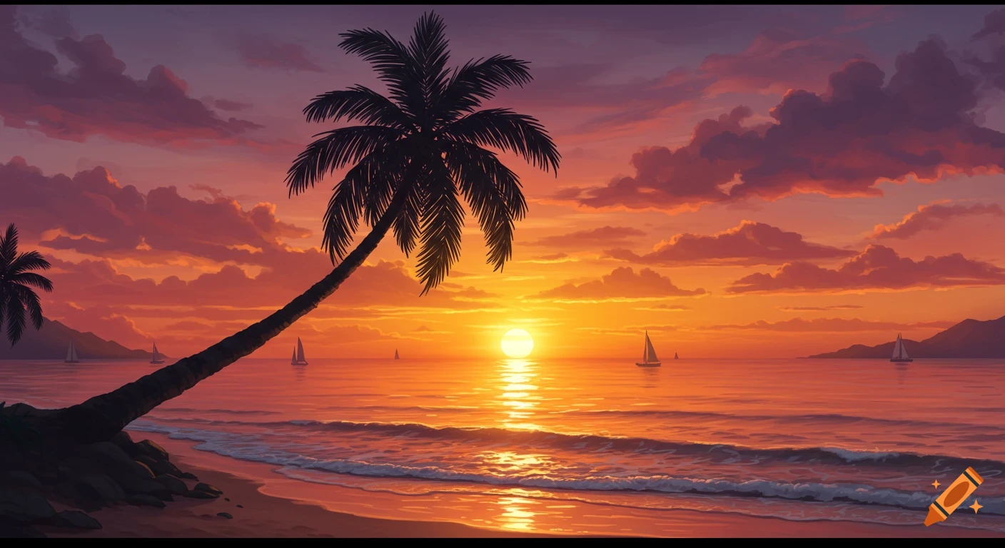 A vibrant sunset over a tropical beach with a leaning palm tree in the foreground and sailboats on the ocean.