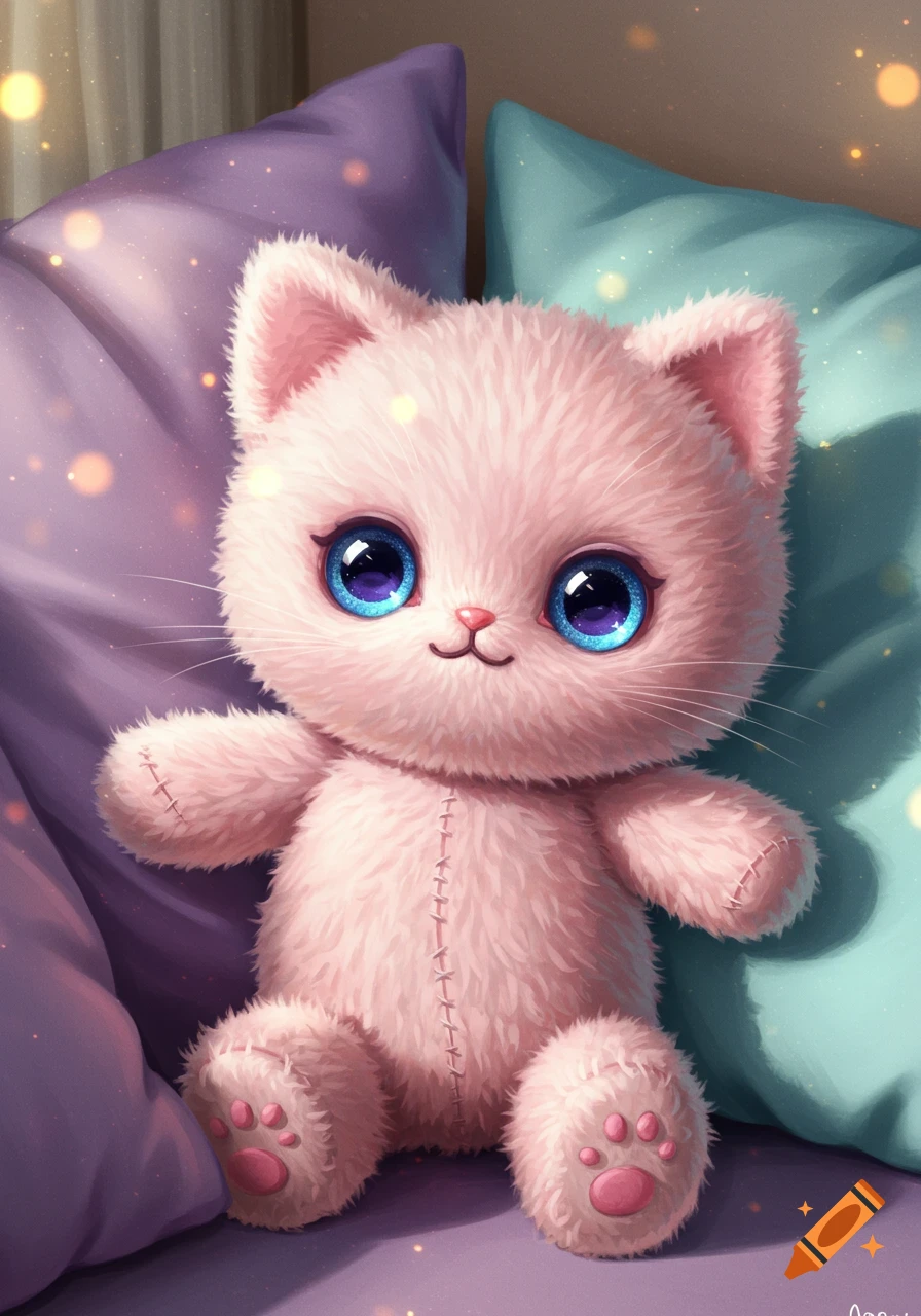 A fluffy pink cat doll with big blue eyes sits nestled between purple and teal pillows, surrounded by sparkling bokeh lights.