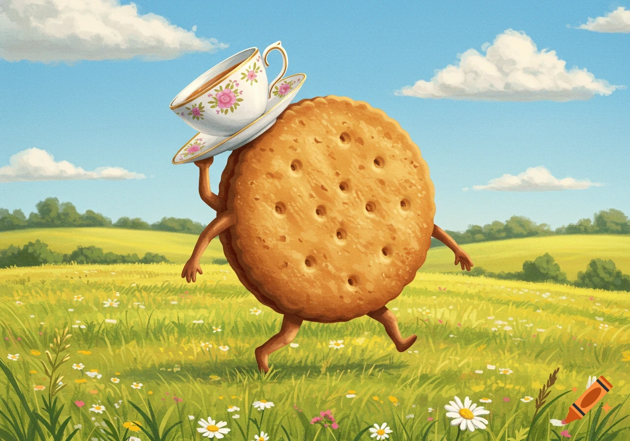 An anthropomorphic biscuit with arms and legs walks through a sunny green field, balancing a floral teacup on its head. Stylized illustration.