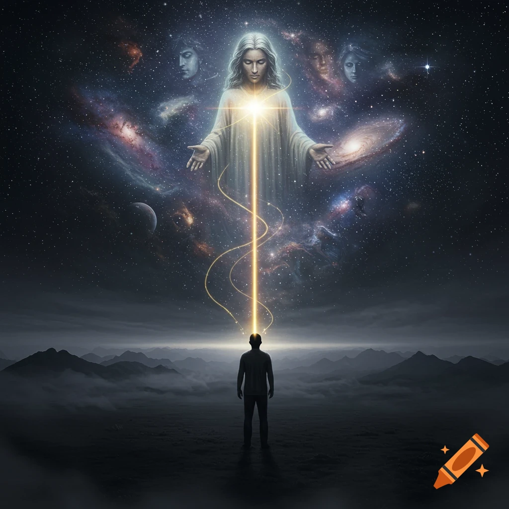 A person on a misty Earth looks up at a glowing celestial being in a cosmic sky, connected by a beam of light.