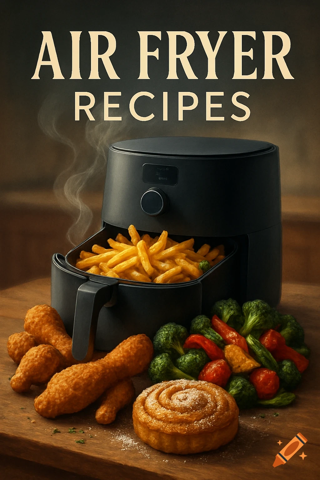 An air fryer filled with golden french fries, surrounded by fried chicken, roasted vegetables, and a cinnamon roll, with "AIR FRYER RECIPES" text at the top.