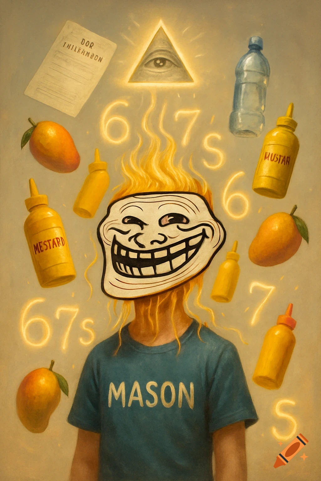 A boy wearing a Mason t-shirt with a Troll Face meme for a head, surrounded by floating mangoes, mustard bottles, glowing 67s, an Illuminati pyramid, and a document.