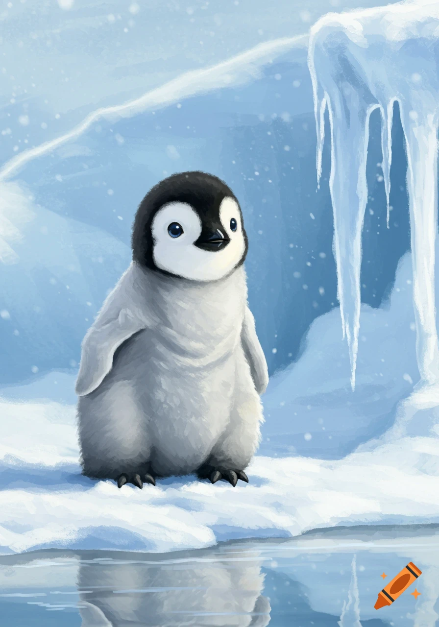 A cute, fluffy baby penguin stands in the snow with a backdrop of ice and water, rendered in a charming illustration style.