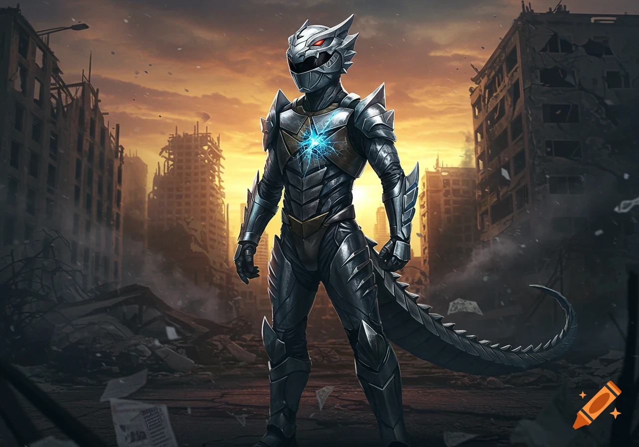 Silver Power Ranger-like character with dragon features and glowing chest emblem stands in a devastated city at sunset, digital art.