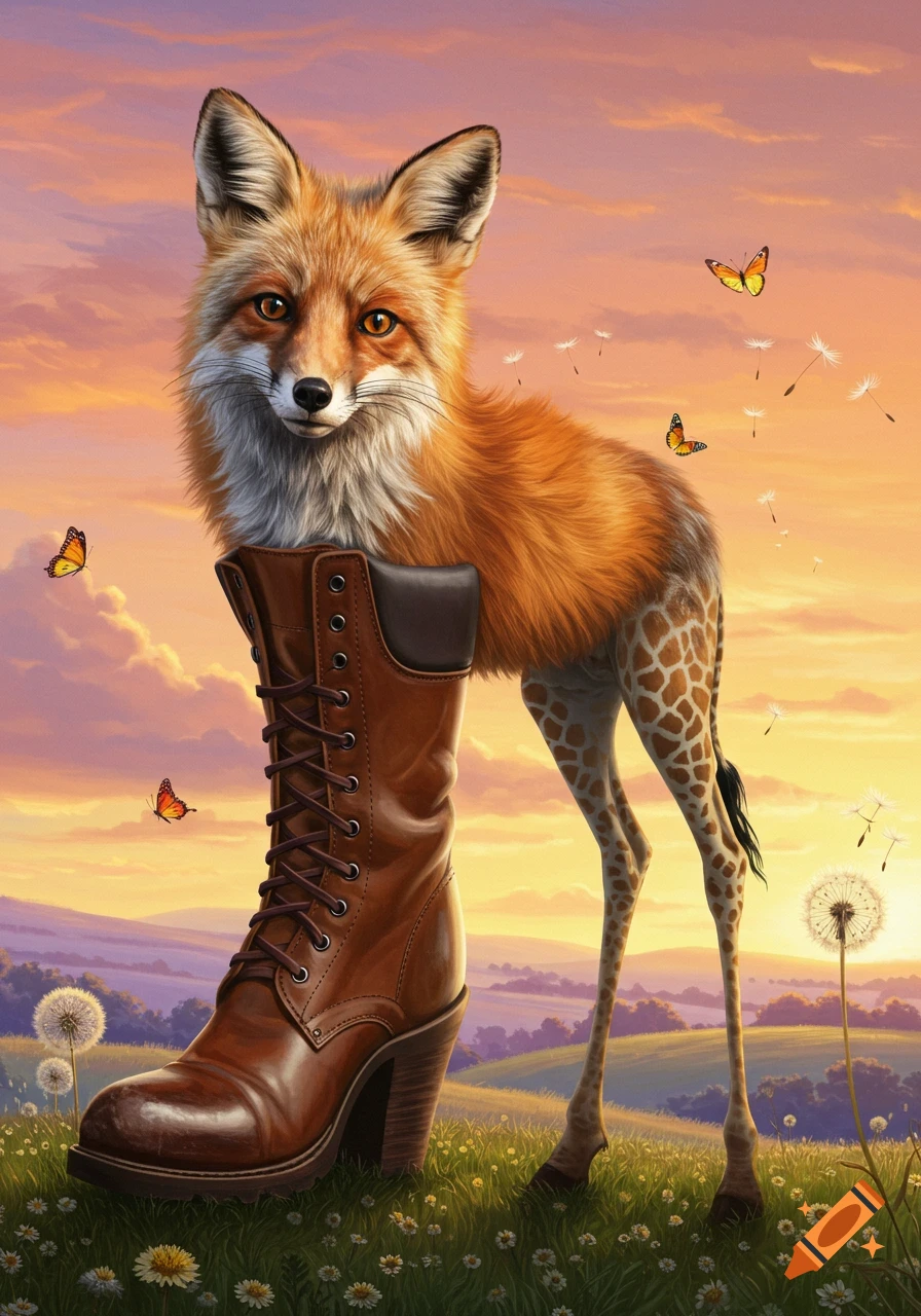 A surreal creature with a fox head, a large brown boot for a body, and slender giraffe legs, standing in a field at sunset with butterflies.