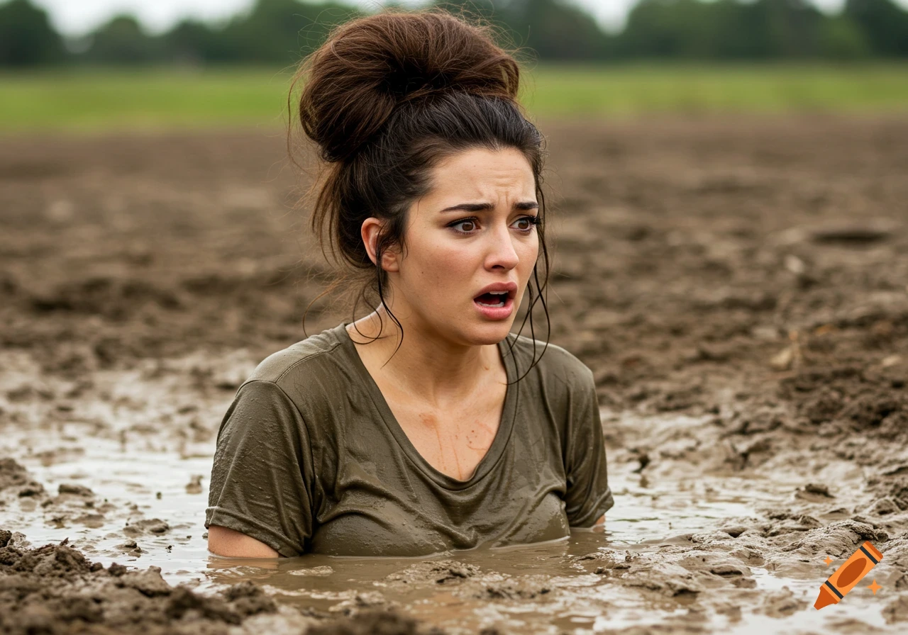 A young woman with a messy bun and a shocked expression is partially submerged in thick mud in an outdoor field.