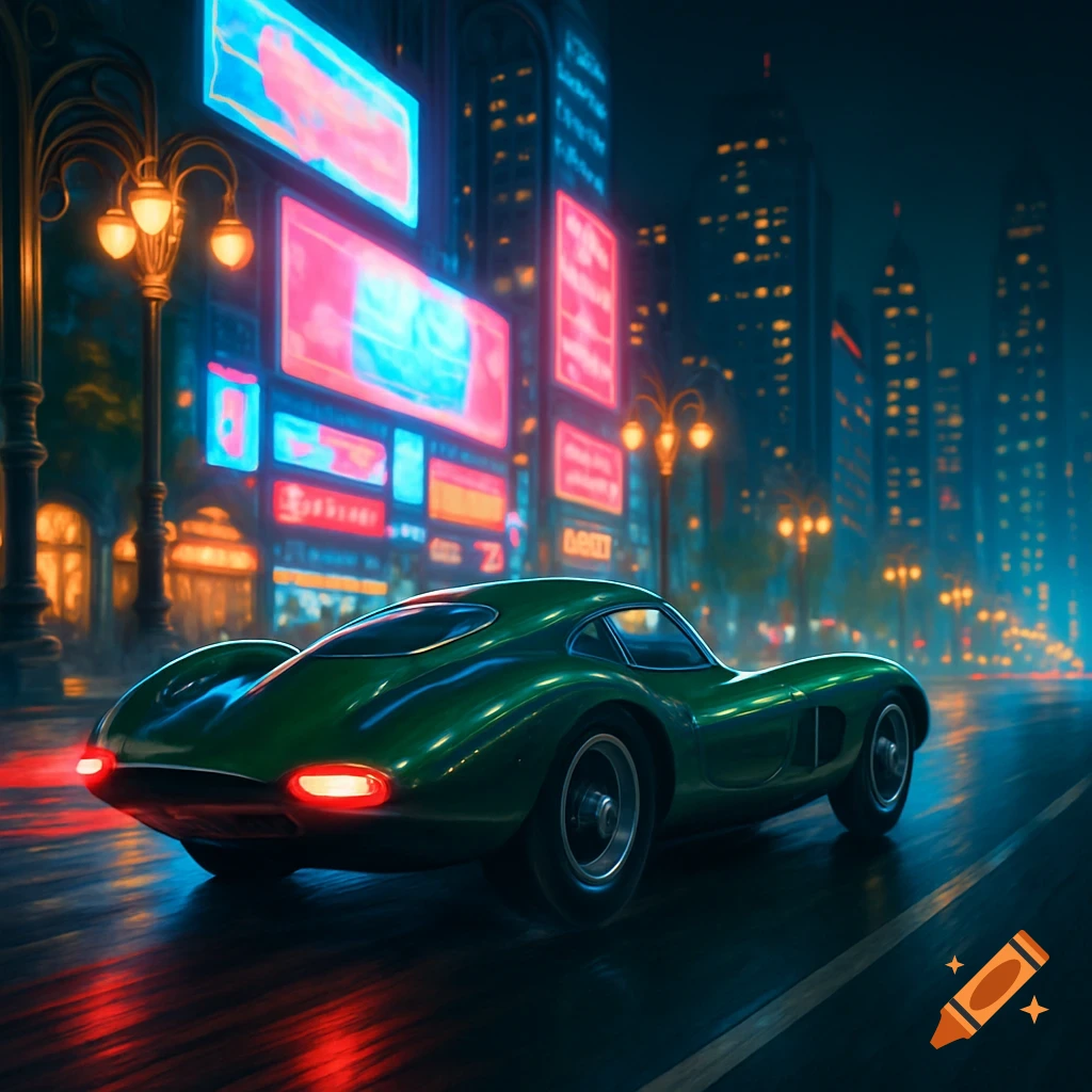 A sleek British Racing Green classic car on a wet street at night, with a neon-lit cityscape in the background.