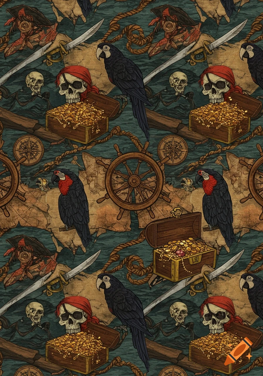 A vibrant seamless pirate pattern with skulls, treasure chests, parrots, swords, ship wheels, and compasses on a teal water and map background.