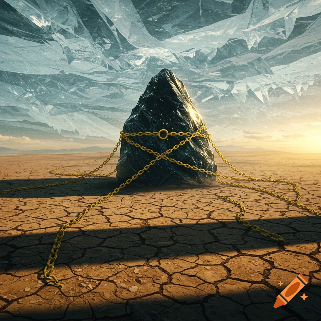 A dark, pyramid-shaped boulder wrapped in gold chains sits in a cracked desert, beneath a fractured, icy sky at sunset.