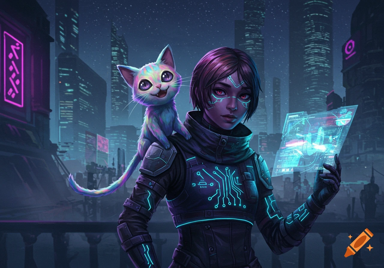 A cyberpunk girl with short purple hair and glowing red eyes holds a holographic screen, a colorful alien cat on her shoulder, against a neon city skyline.