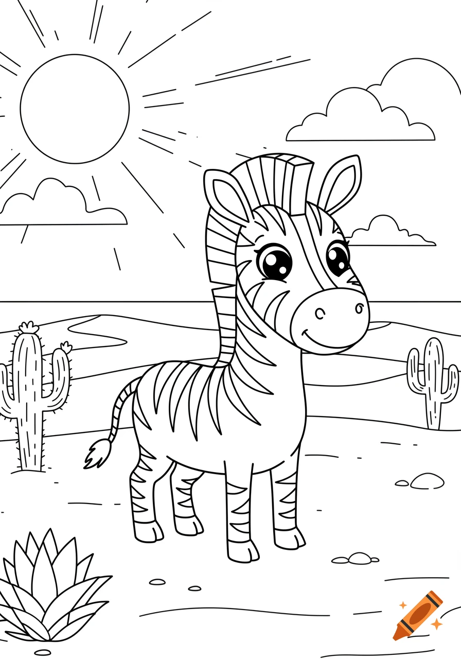 A cute cartoon zebra stands in a desert landscape with cacti and a sun, designed as a black and white coloring page.