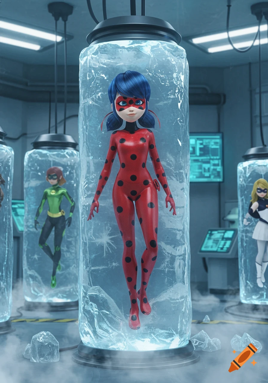 3D animated Ladybug and other heroines frozen in ice cylinders in a lab.