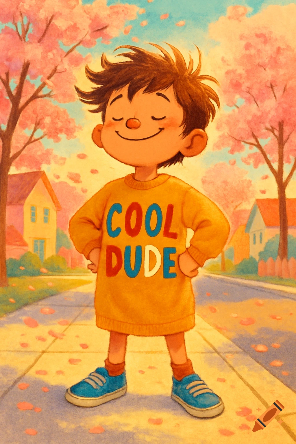 A happy cartoon boy in a yellow 'COOL DUDE' jumper stands on a sidewalk under pink cherry blossom trees, smiling with closed eyes.