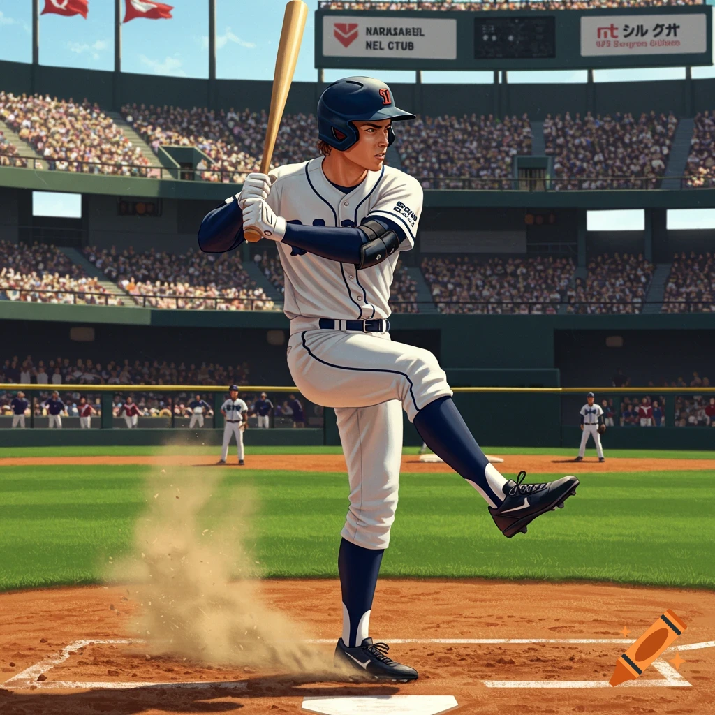 A male baseball player in a white and blue uniform, swinging a bat on a dirt field in a crowded stadium.