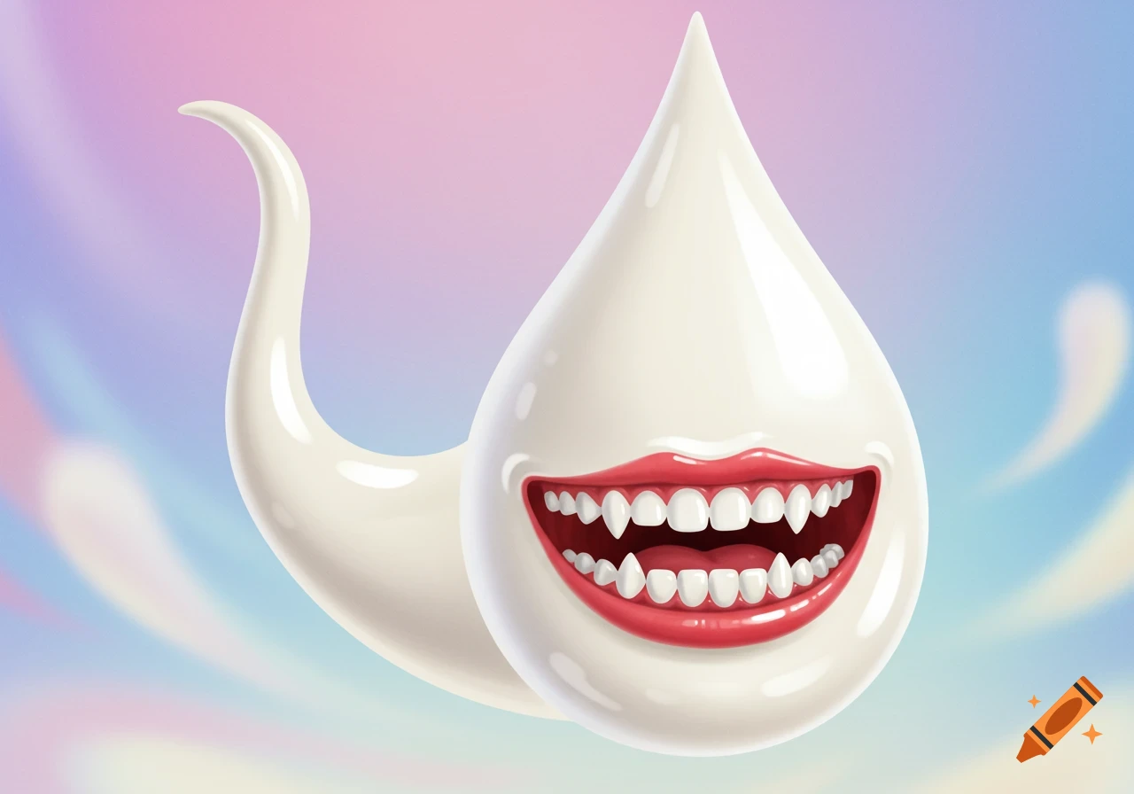 A whimsical cartoon milk droplet with a long tail, wide red lips, and many sharp white teeth on a pastel background.