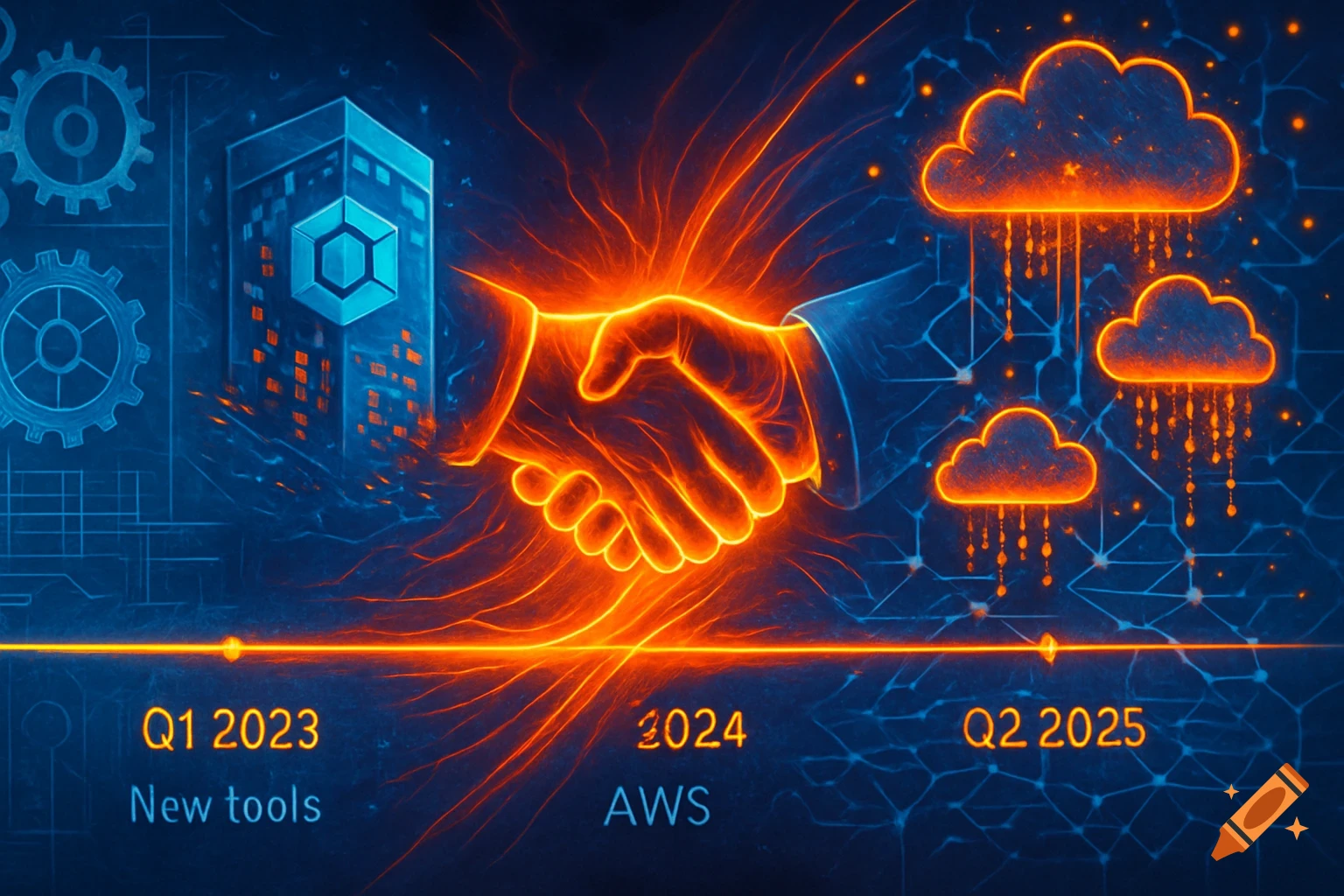 An abstract digital illustration shows two glowing orange hands shaking, with a data center building, cloud icons, and a timeline with dates and text like 'Q1 2023 New tools' and '2024 AWS' against a blue background with network lines.