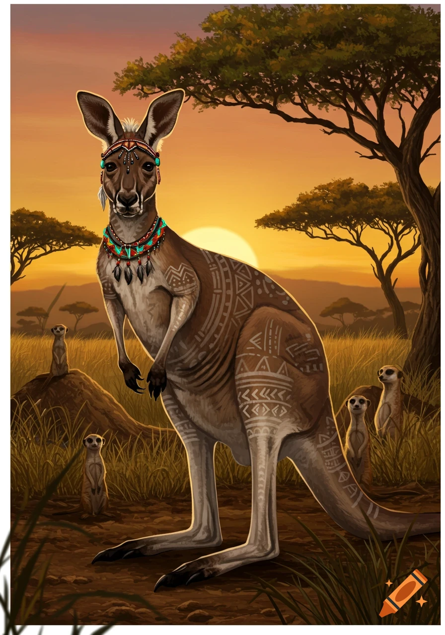Stylized illustration of a kangaroo with tribal jewelry and patterns, standing in an African savanna at sunset with meerkats.
