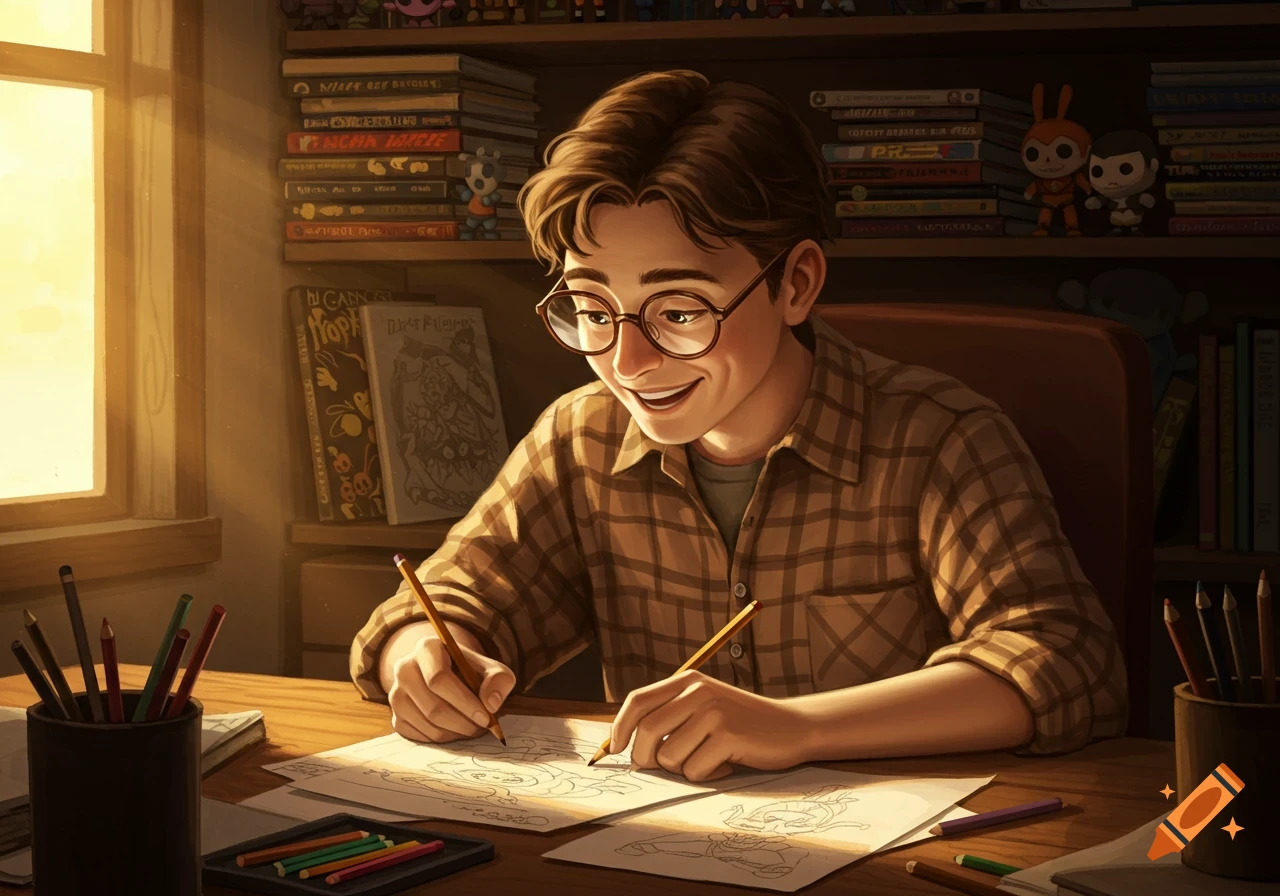 Smiling young man with glasses and plaid shirt draws at a desk with art supplies and bookshelves. Warm, illustrative style.