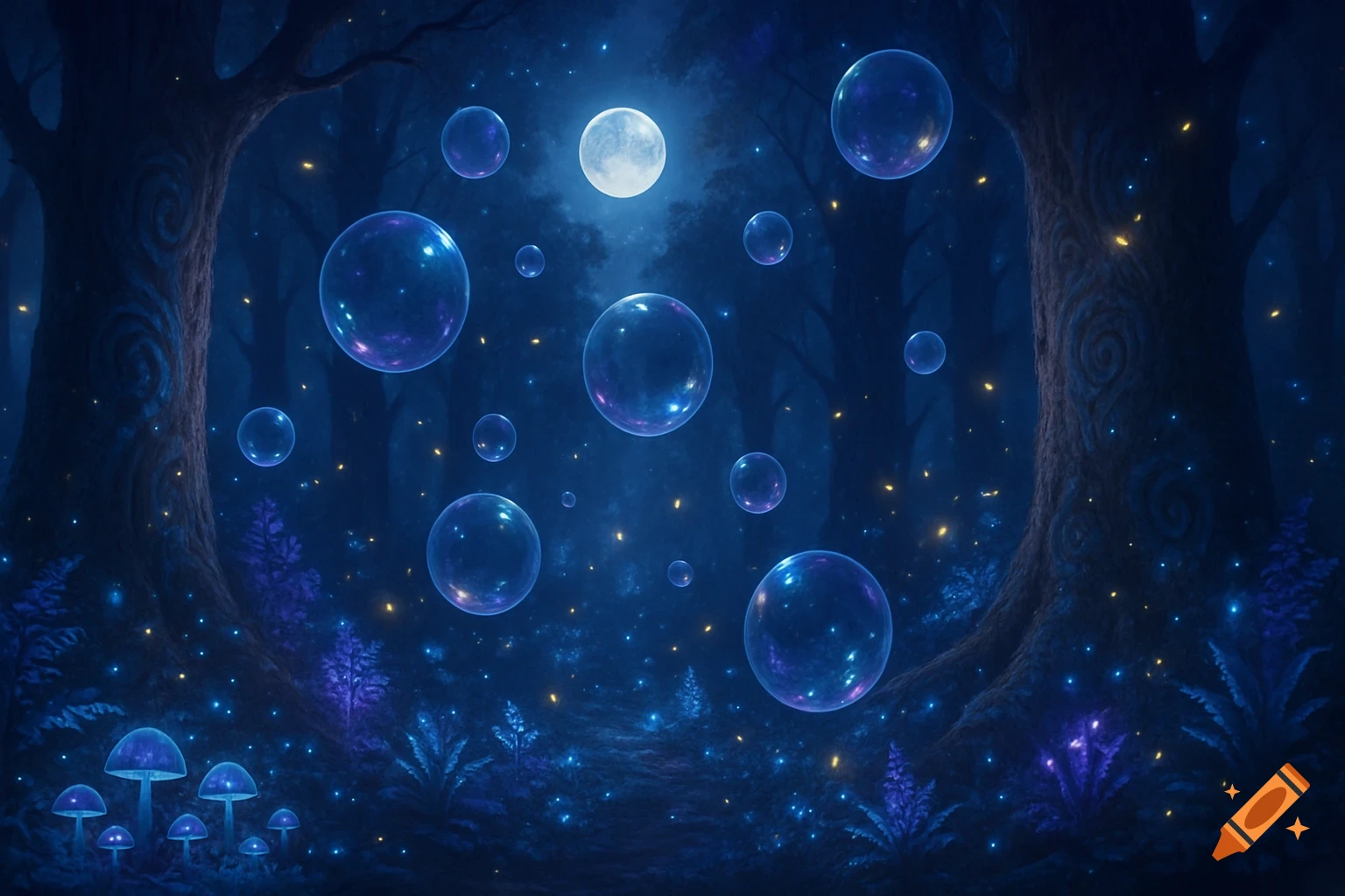 Magical dark blue forest at night with a full moon, glowing mushrooms, and luminous bubbles floating among trees.