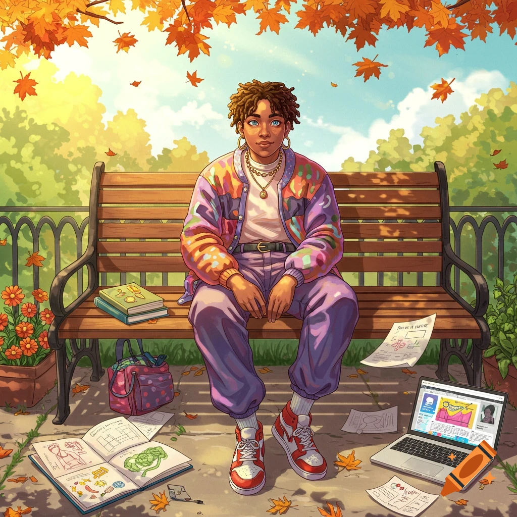 A young person with dreadlocks and blue eyes sits on a park bench in autumn, surrounded by books, notes, and a laptop. They wear a colorful, expressive jacket and red sneakers.