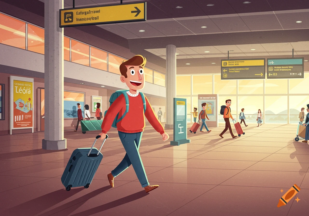 A cartoon man with a backpack pulls a suitcase through a bright airport terminal, smiling. Other travelers are visible.
