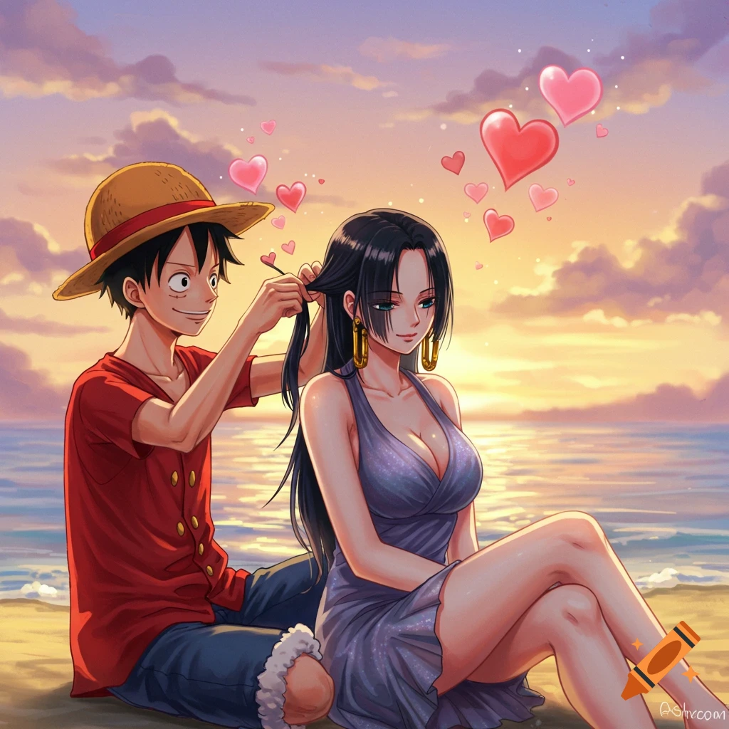 Anime characters Luffy braiding Hancock's hair on a beach at sunset with hearts floating around them.