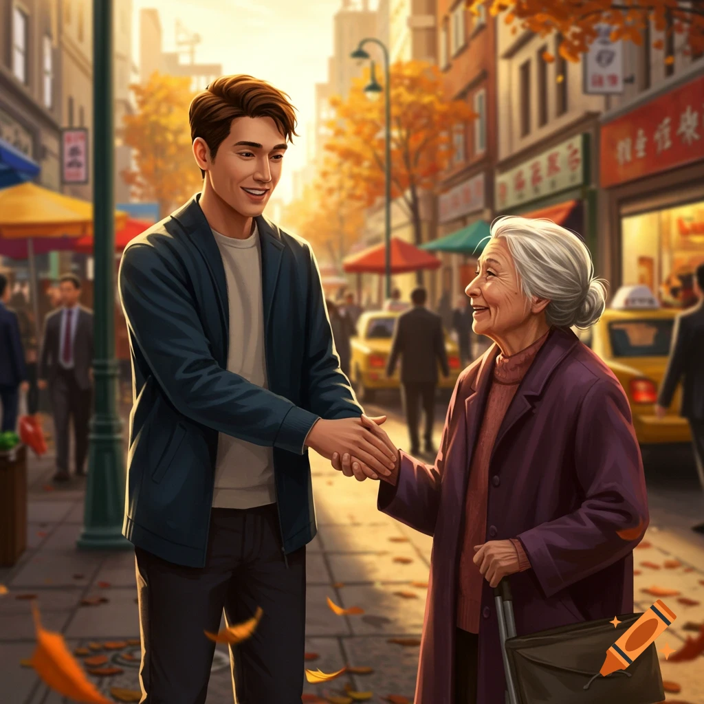 A young man shakes an elderly woman's hand on a bustling autumn city street with shops and fall foliage.