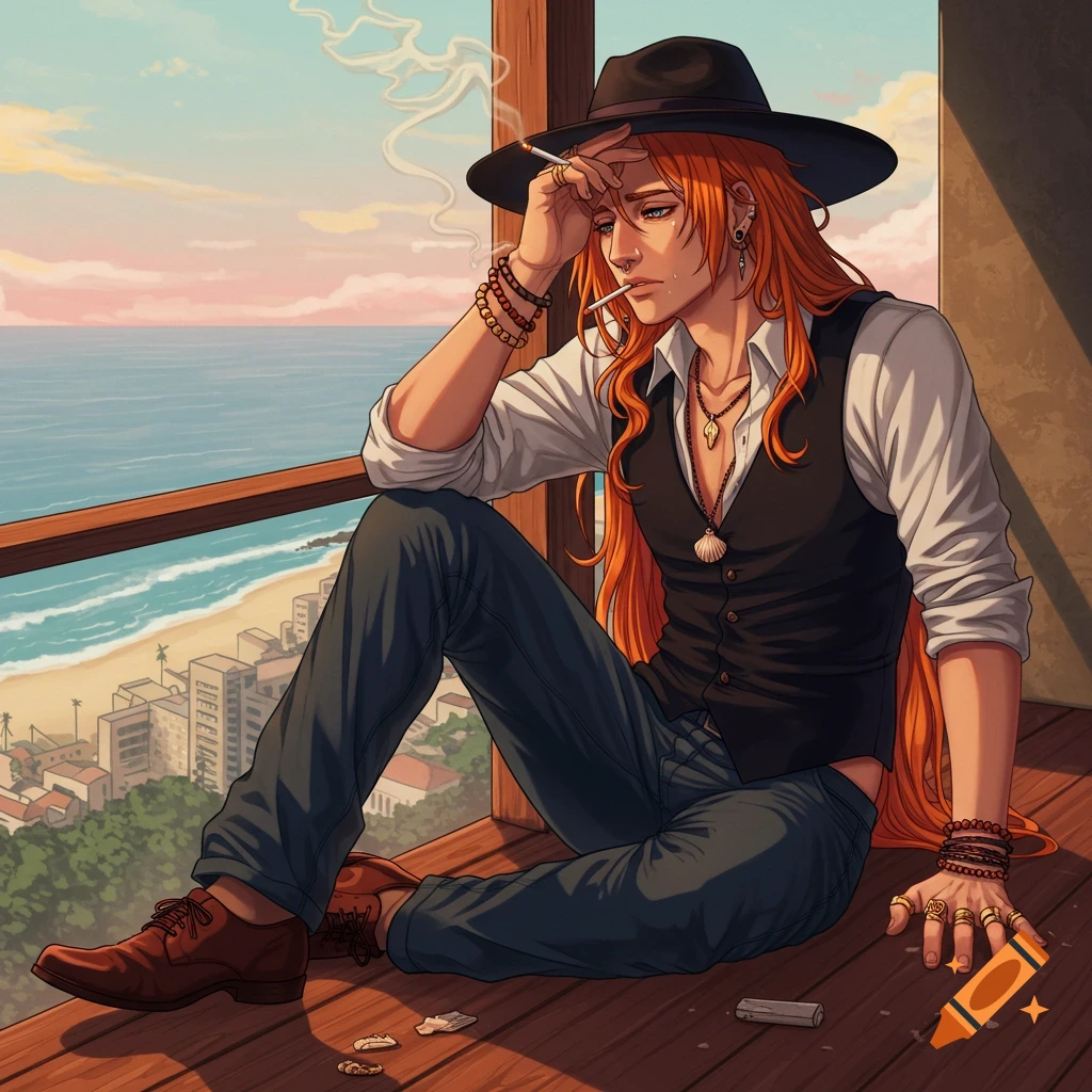 An anime drawing of a distressed man with long orange hair and a fedora, sitting on a porch overlooking a sunset ocean and coastal city.