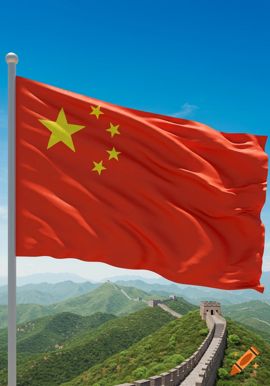A large red Chinese flag with yellow stars waves above the Great Wall of China winding through green mountains under a blue sky.