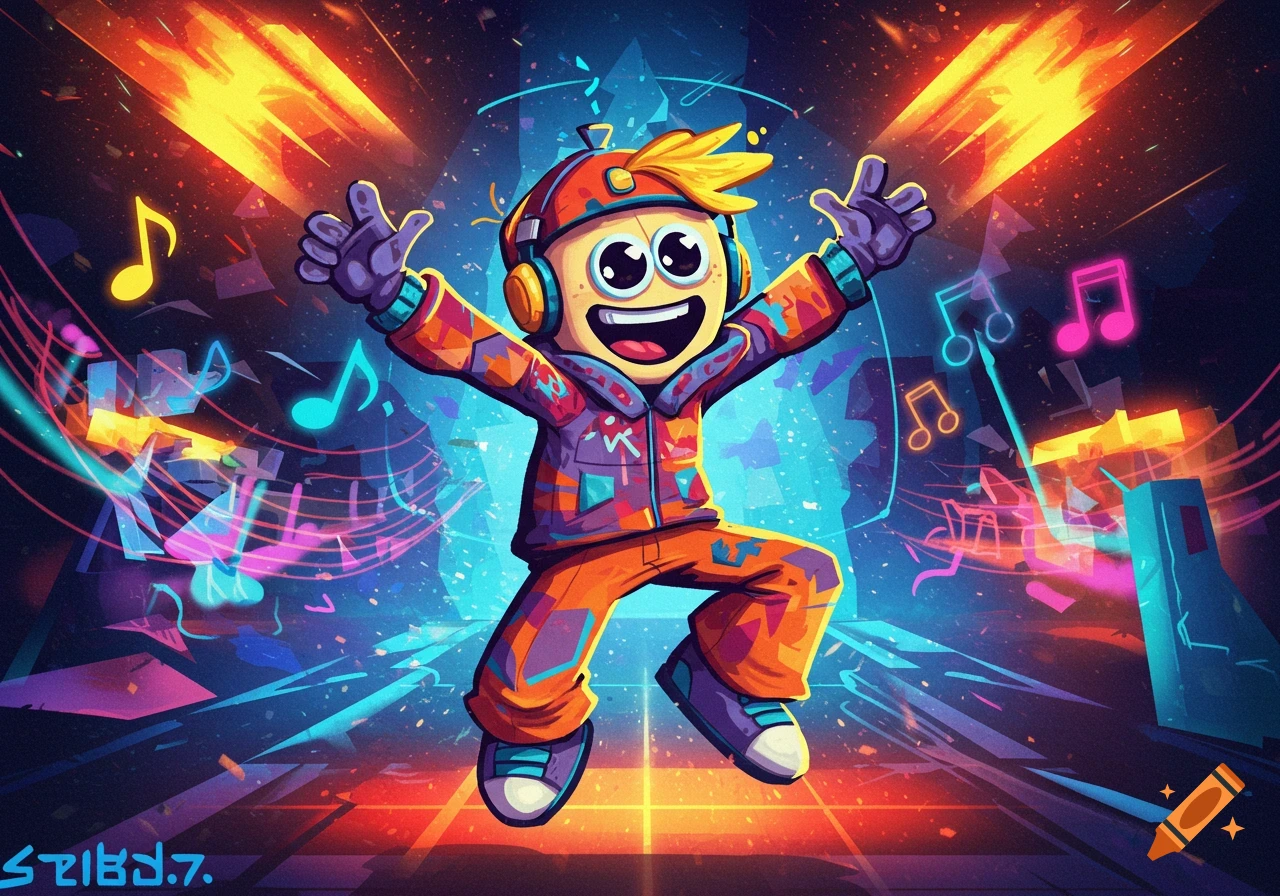 Cartoon character with headphones and a colorful jacket dancing energetically amidst glowing music notes in a vibrant, neon-lit club scene.
