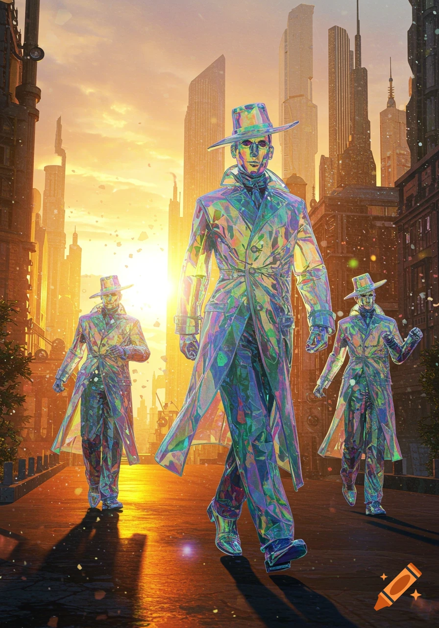 Three figures in iridescent trench coats walk through a futuristic city street during a golden sunset.