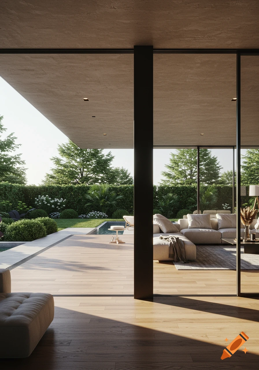 Photorealistic view of a modern living room with large glass doors opening to a lush garden, patio, and small pool.