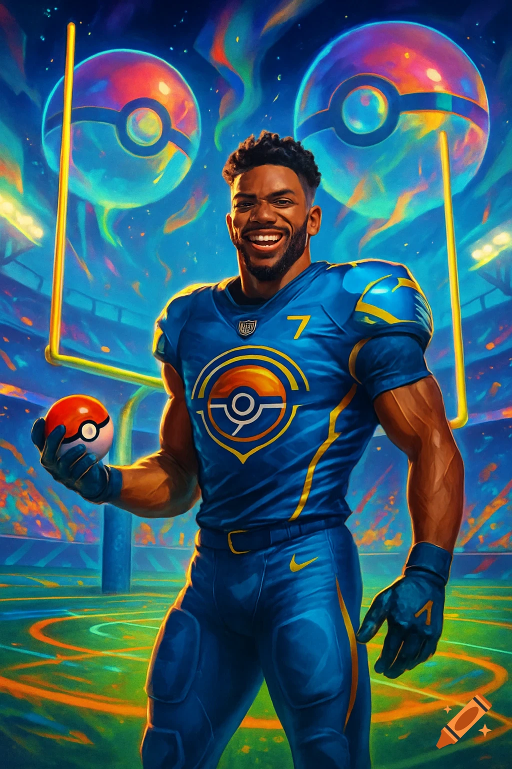 A smiling Black man in a blue football uniform holds a Pok\u00e9 Ball in a vibrant, stylized football stadium with large Pok \u00e9 Balls in the background.