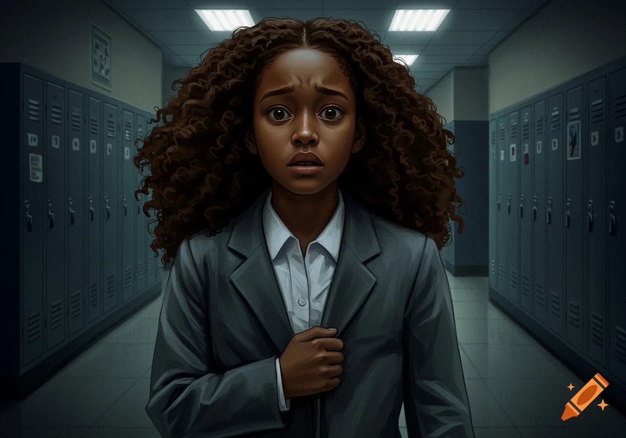 Illustration of a scared Black girl with curly hair in a school uniform, standing in a dim locker-lined hallway.