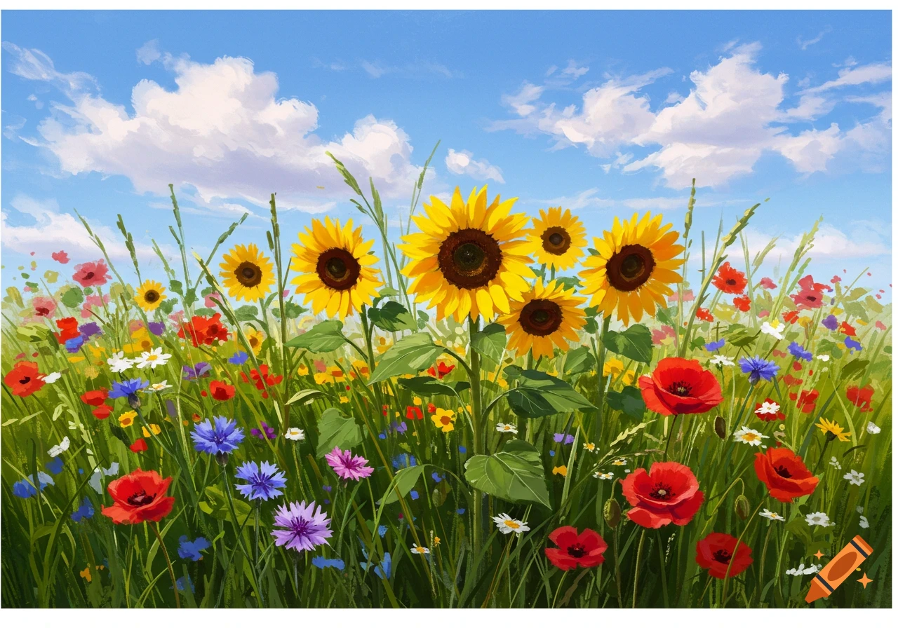 A vibrant painting of a sunflower field mixed with colorful wildflowers under a blue sky with white clouds.