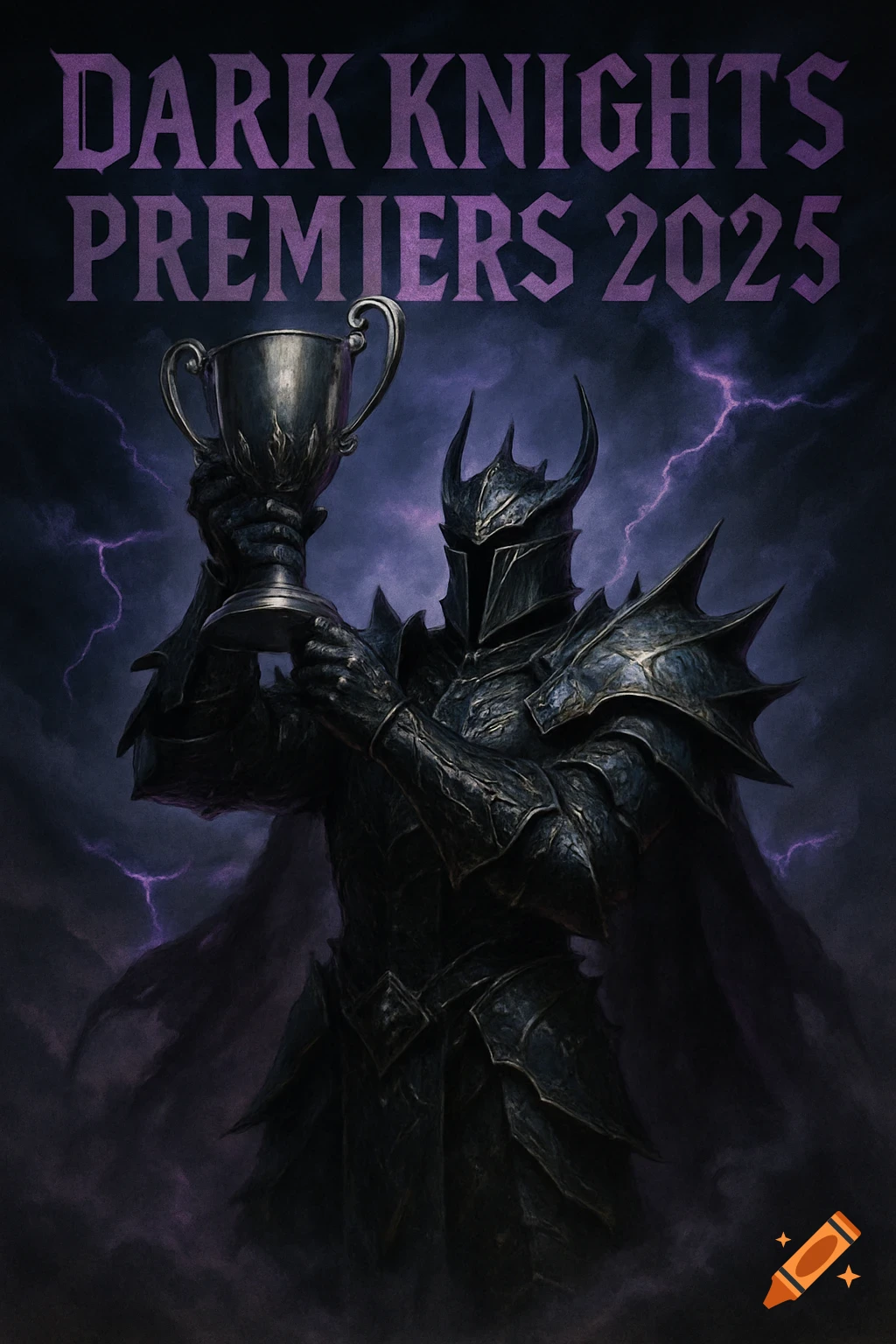 A dark knight in spiky black armor holds a silver trophy against a stormy purple and black sky with lightning. Text reads 'DARK KNIGHTS PREMIERS 2025'.