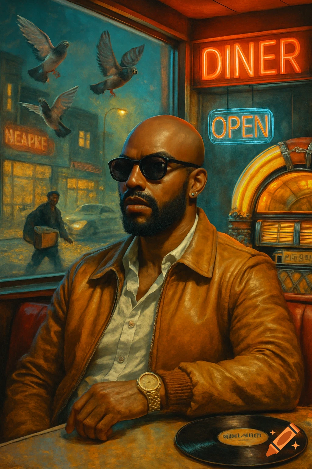 A bald man with a beard and sunglasses sits in a retro diner booth. Outside, pigeons fly frozen in mid-air, and a man carries a box. Stylized painting.