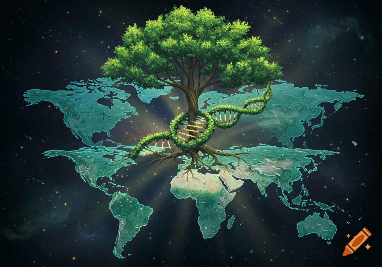 Conceptual illustration of a large green tree with a DNA helix trunk growing from a glowing world map in space.