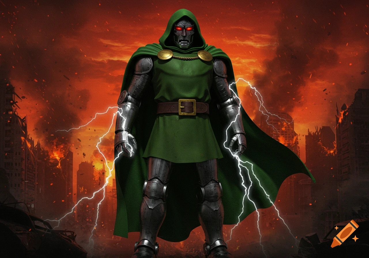 A menacing robot in a green cloak and metal armor, with glowing red eyes, stands amid a fiery, destroyed city with lightning.